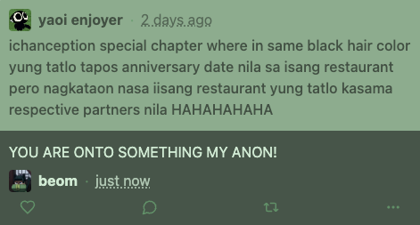 ichanception special chapter where in same black hair color yung tatlo tapos anniversary date nila sa isang restaurant pero nagkataon nas — YOU ARE ONTO SOMETHING MY ANON!  neospring.org/+r/14979369641…