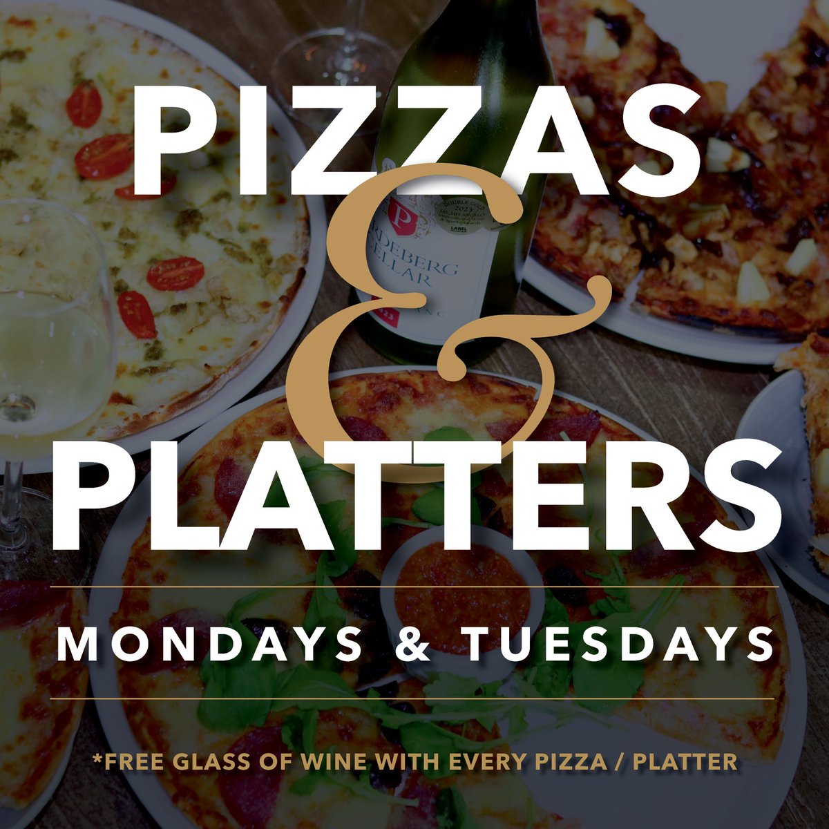 Make Mondays &amp; Tuesdays better! 🍕🍷

Enjoy any pizza or platter + a FREE glass of wine from 09:00 – 16:00.

#PerdebergWines #PaarlWineRoute
