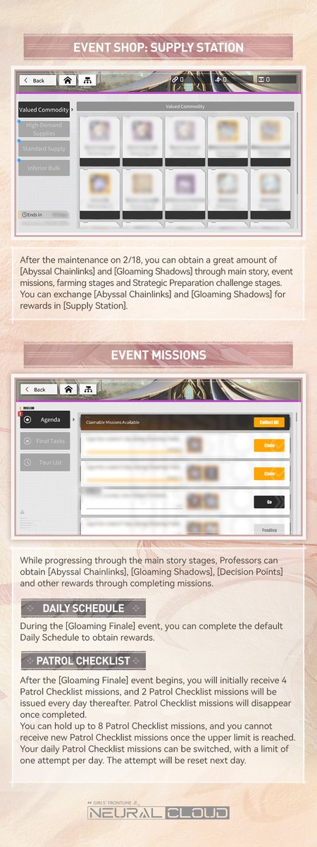 Dear Professor,
The new major event [Gloaming Finale] will be opened after maintenance on Feb. 18th.
A past carved by blade's edge, a bonfire for bygone heroes. We set off with flame to forge a path for those who would return.

#NeuralCloud