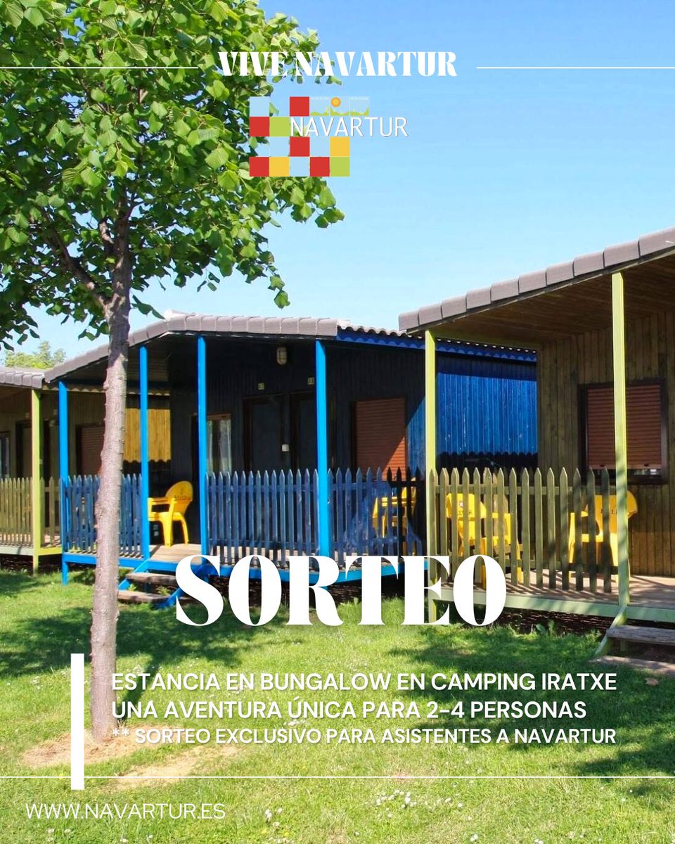 🏕️✨ ¡Escapada gratis en plena naturaleza! Gana una estancia en bungalow para 2-4 personas en Camping Iratxe. 

1️⃣ Síguenos en redes.
2️⃣ Descarga tu entrada GRATIS 👉 navartur.es/entradas-e-ins…
3️⃣ Asiste a #Navartur2025 del 21 al 23 de febrero

📍 Sorteo exclusivo para asistentes 🍀
