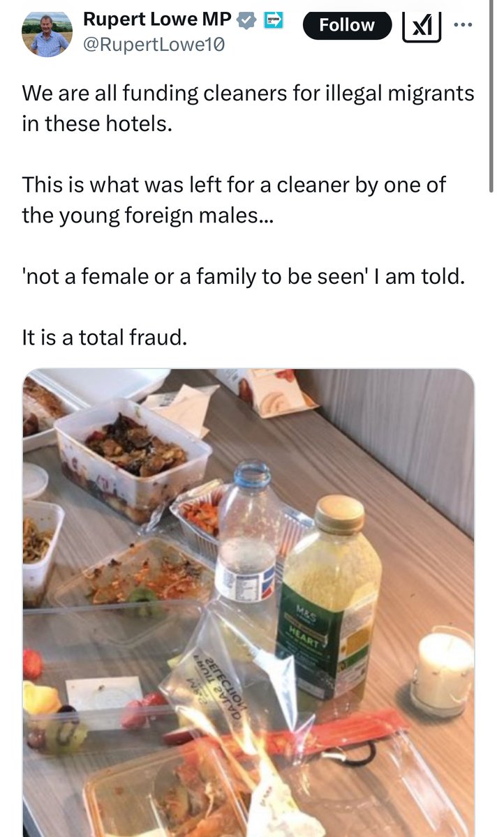 reformexposed's tweet image. Come CLEAN Rupert. @RupertLowe10 Reform UK MP caught lying.

He’s posted about litter left “for a cleaner by one of the young foreign males...” in a hotel housing migrants.

He’s been called out by M&amp;amp;S “Must have been a fairly long time since the room was cleaned - that smoothie…