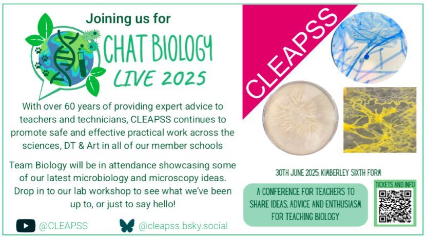 We are so excited to announce our first contributor to #ChatBiologyLive ...

<a href="/CLEAPSS/">CLEAPSS 🏁</a> !! 🧫🔬

If you want to come chat all things micro you can get your tickets here: buff.ly/3Vudzdv

#ChatBiology #Edutwitter