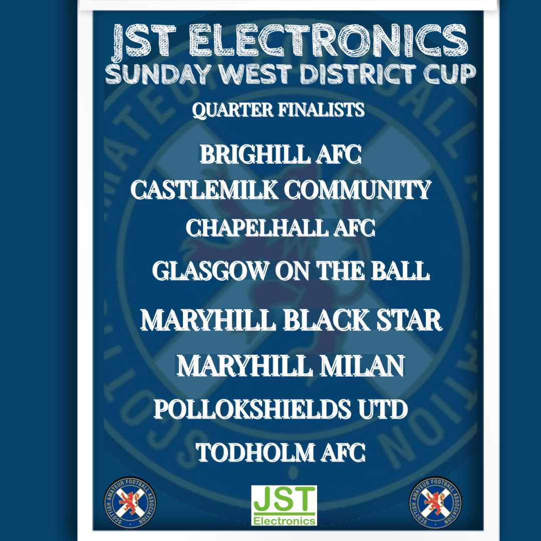 GDSFC (@gdsfc2008) on Twitter photo Congratulations to our six teams progressing into the Quarter Final of the JST Electronics Sunday West District Cup….
<a href="/CastlemilkCFC/">Castlemilk Community Fc Sunday</a> <a href="/GlasgowOn/">Glasgow on the Ball</a> <a href="/FcMaryhill/">Maryhill Milan FC</a> <a href="/MBSFC/">Maryhill Blackstar</a> <a href="/PshieldsUtd/">Pollokshields Utd FC</a> <a href="/todholm/">Todholm Afc</a> 👏👏👏👏
<a href="/ScotAmFA/">Scottish Amateur FA</a> <a href="/scottish_aff/">AmateurFixturesResultsSCO</a> <a href="/AirdireL/">Airdire and coatbridge league</a> <a href="/AsafaLeague/">Ayrshire Sunday Amateur FA</a> <a href="/GDSFC2008/">GDSFC</a> Congratulations to our six teams progressing into the Quarter Final of the JST Electronics Sunday West District Cup….
<a href="/CastlemilkCFC/">Castlemilk Community Fc Sunday</a> <a href="/GlasgowOn/">Glasgow on the Ball</a> <a href="/FcMaryhill/">Maryhill Milan FC</a> <a href="/MBSFC/">Maryhill Blackstar</a> <a href="/PshieldsUtd/">Pollokshields Utd FC</a> <a href="/todholm/">Todholm Afc</a> 👏👏👏👏
<a href="/ScotAmFA/">Scottish Amateur FA</a> <a href="/scottish_aff/">AmateurFixturesResultsSCO</a> <a href="/AirdireL/">Airdire and coatbridge league</a> <a href="/AsafaLeague/">Ayrshire Sunday Amateur FA</a> <a href="/GDSFC2008/">GDSFC</a>