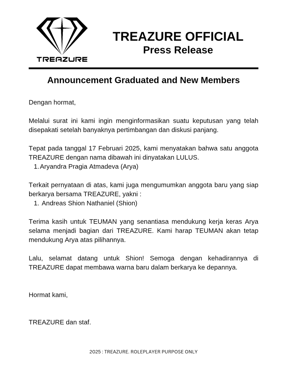 ️ ️️
OFFICIAL STATEMENT 

Selamat sore semuanya. Bersamaan dengan surat yang terlampir, kami mengumumkan adanya pergantian anggota. Satu anggota memutuskan untuk mengakhiri perjalanannya bersama TREAZURE. Tetap dukung kami ya!

Tertanda, 
TREAZURE. 
️ ️️