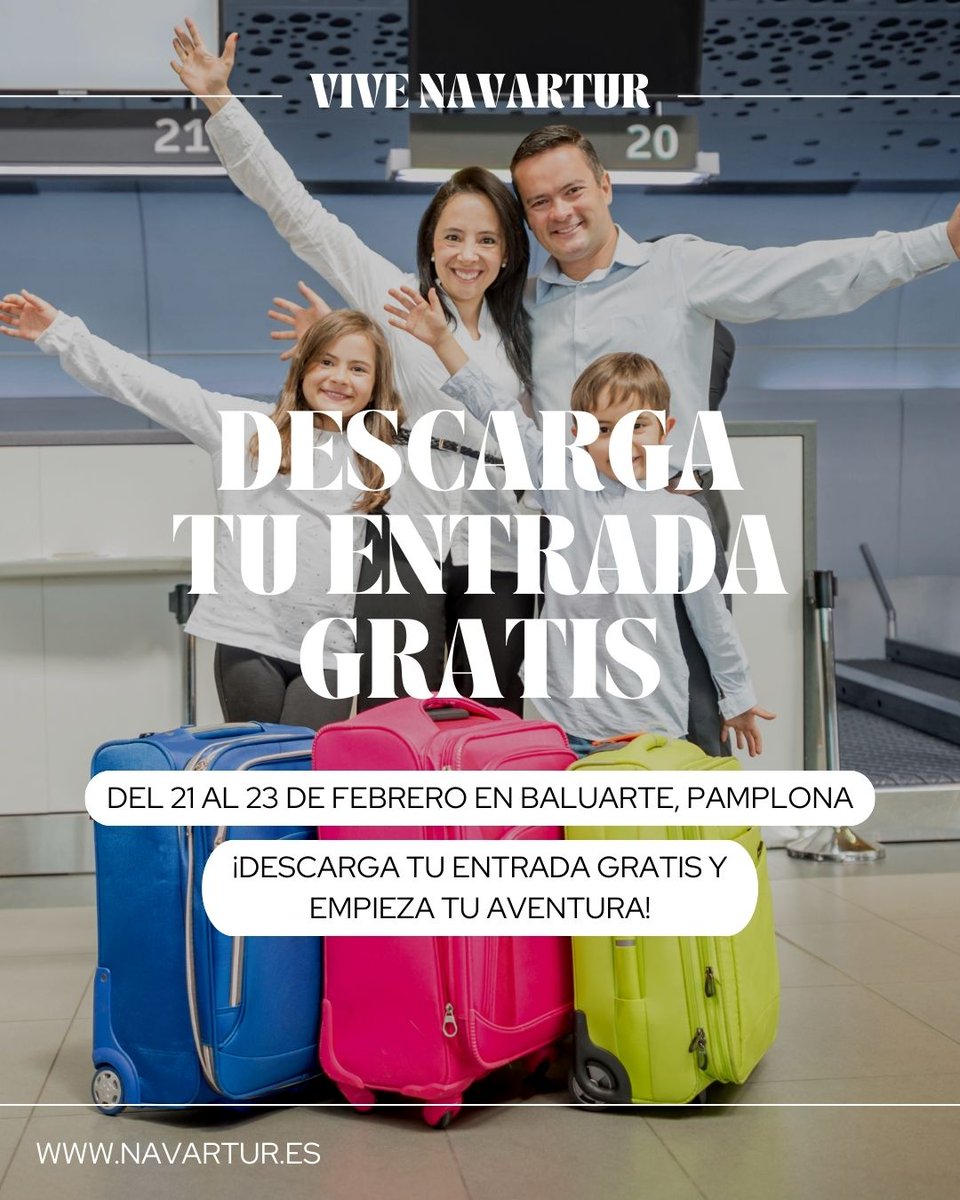🌍✈️ ¡El viaje de tus sueños empieza en #Navartur2025! 

📅 Del 21 al 23 de febrero en Baluarte, Pamplona

🌎 Descubre descuentos exclusivos para destinos únicos
🍷 Disfruta de showcookings y catas
🎁 Participa en sorteos de viajes

🎟️ Entrada GRATIS 👉 navartur.es/entradas-e-ins…