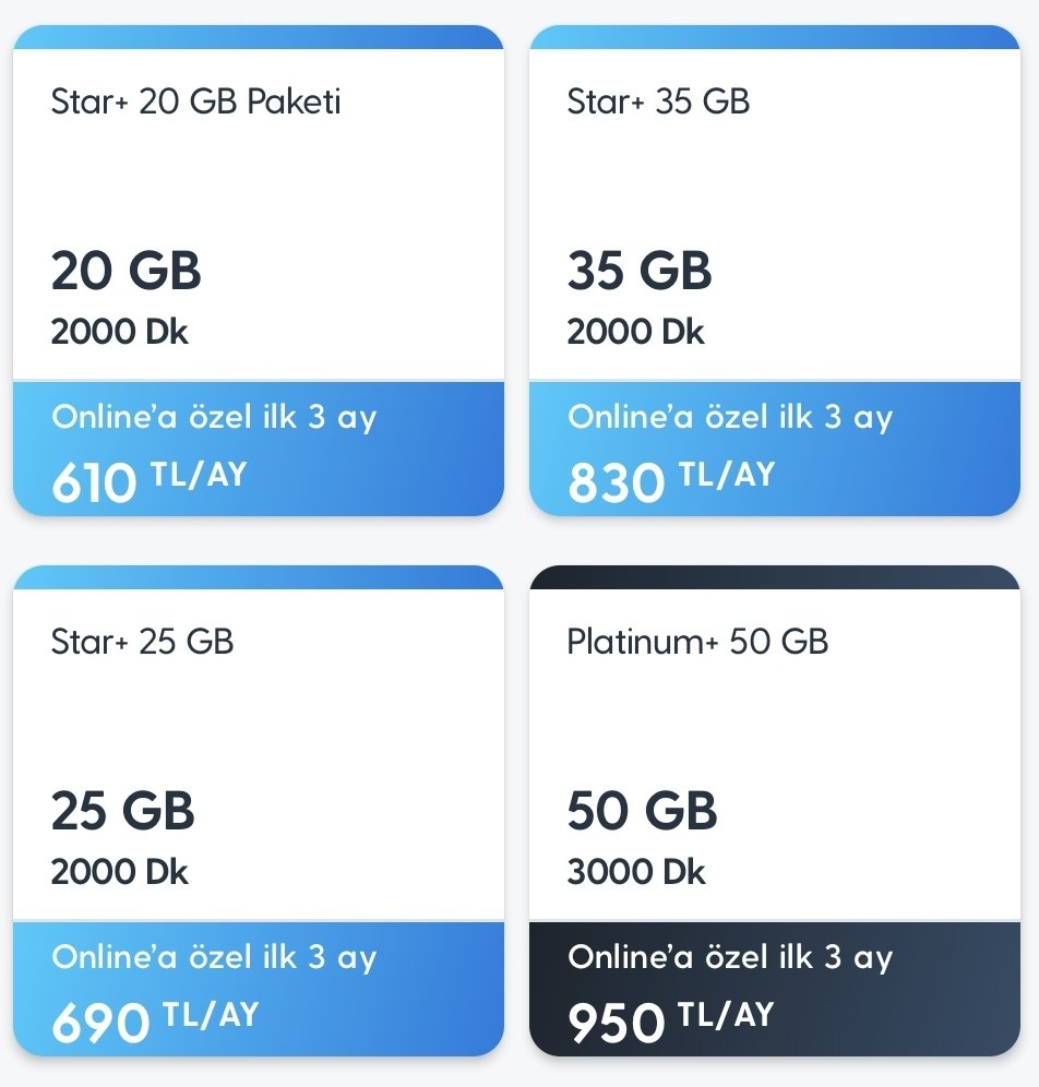 Mevcut paketin (25 GB, 2500 DK, 1500 SMS) olduğu yerde Turkcell'in muadil pakete önerdiği fiyat ilk 3 ay 690 ₺, sonrasında 740 ₺. Operatörlerin mevcut aboneyi "öpme", sürekli operatör değişikliği yoluna gitme işine ne zaman son verilecek? <a href="/Turkcell/">TURKCELL</a> <a href="/TurkcellHizmet/">TURKCELL Müşteri Hiz</a> <a href="/BTKgovtr/">BTK</a>