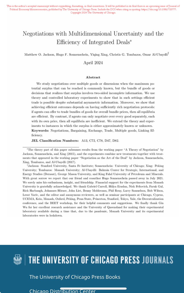 CTombazos's tweet image. Στο τελευταίο μου άρθρο, μαζί με τους @JacksonmMatt (Stanford), Hugo Sonnenschein (U. Chicago), @omareconomics (Derasat and George Mason), και Yiqing Xing (Johns Hopkins), το οποίο θα εκδοθεί στο JPE: Micro, προτείνουμε μια νέα θεωρία διαπραγματεύσεων. 🧵 1/ν