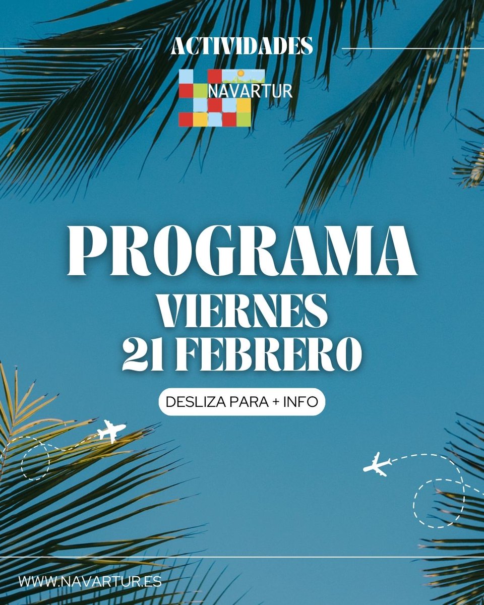 🌍 ¡Todo listo para el primer día de #Navartur2025! 🌍 El viernes 21 de febrero arranca la feria de turismo más esperada del año en Baluarte, Pamplona. 

Aquí tienes el 𝗽𝗿𝗼𝗴𝗿𝗮𝗺𝗮 𝗱𝗲𝗹 𝘃𝗶𝗲𝗿𝗻𝗲𝘀 para que no te pierdas nada: navartur.es/actividades/
