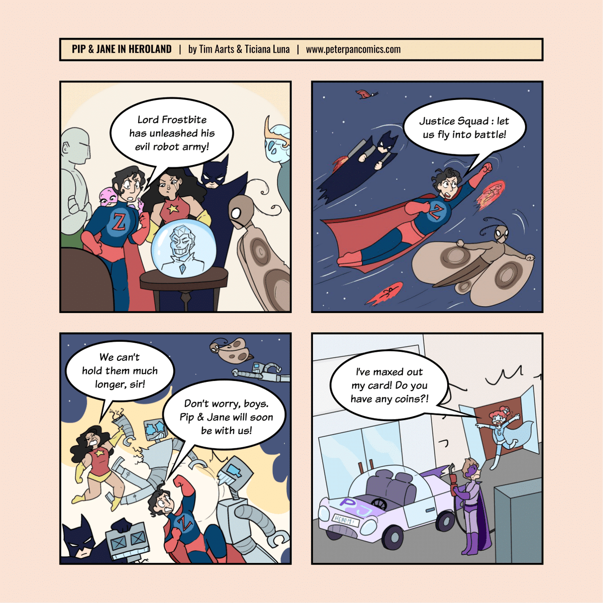 PeterPanComics's tweet image. Pip and Jane to the rescue ... eventually! 

Read more hi-la-rious comics for FREE at peterpancomics.com

#pipandjane #superheroes #superheroteam #hero #heroes #supervillain #robots #evilrobots #comics #webcomics #funnycomics #parody #superheroparody