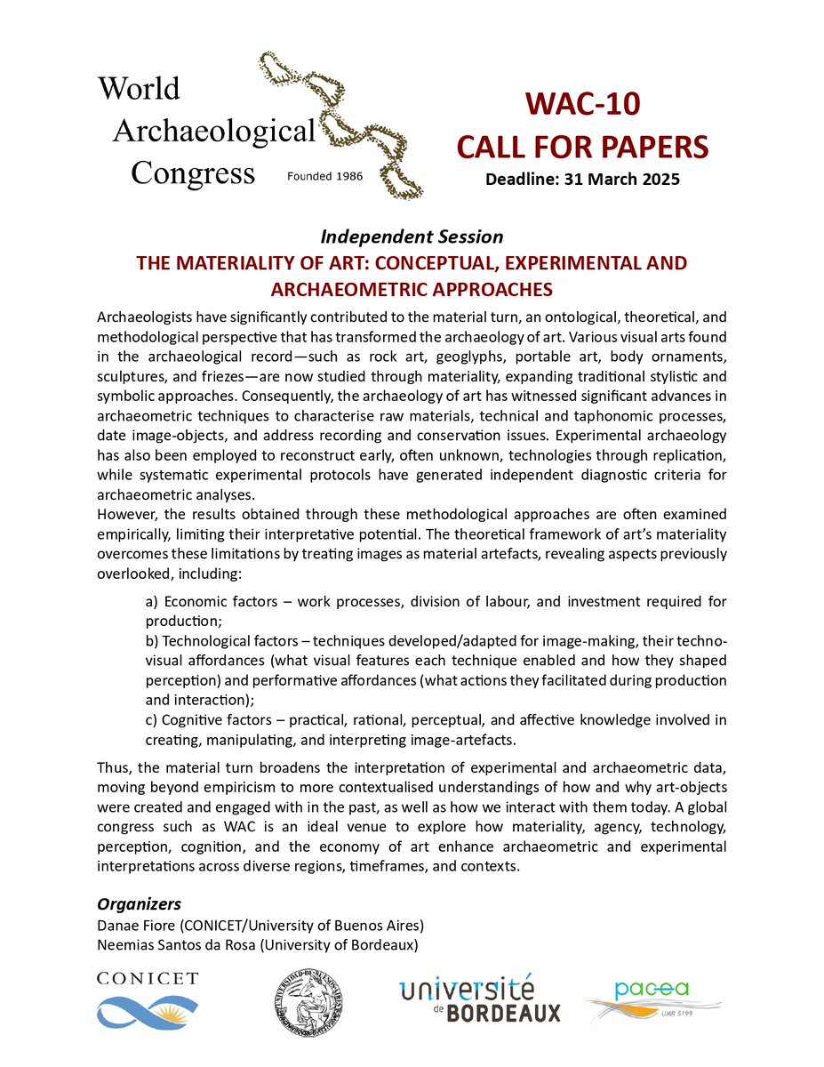 NeemiasSdR's tweet image. Call for Papers WAC-10 (2025) - THE MATERIALITY OF ART: CONCEPTUAL, EXPERIMENTAL AND ARCHAEOMETRIC APPROACHES