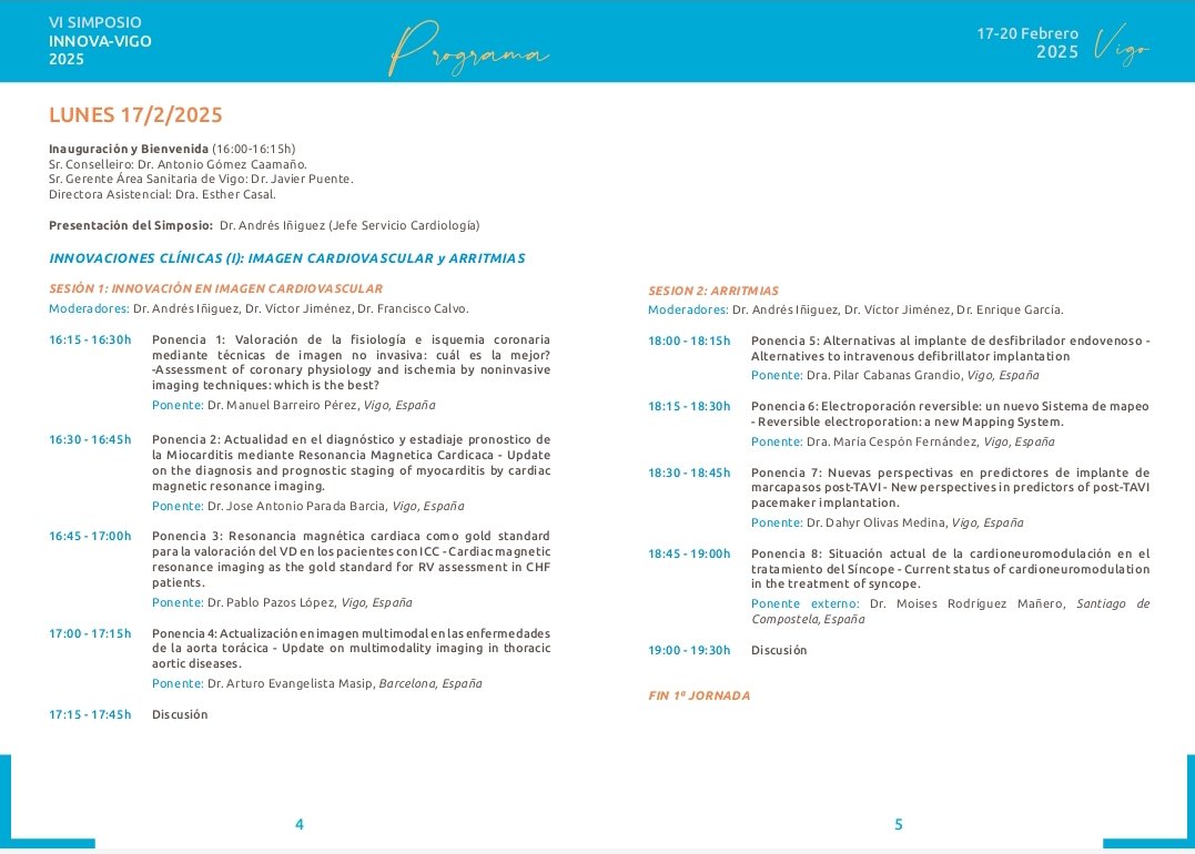 Cardiología Vigo (@resiscardiovigo) on Twitter photo Está tarde arranca el VI Simposio INNOVA Vigo. Es el turno para la imagen cardiovascular y la electrofisiología. Contaremos con invitados espectaculares #DrEvangelista <a href="/MoisesManero/">Moises Rodriguez Mañero</a> que acompañarán a nuestros ponentes <a href="/manuelbarreirop/">Manuel Barreiro-Perez</a> <a href="/che_parada/">Checho Parada</a> <a href="/cespon_maria/">María Cespón</a> <a href="/ElArritmiologo/">Dahyr Olivas MD</a> Está tarde arranca el VI Simposio INNOVA Vigo. Es el turno para la imagen cardiovascular y la electrofisiología. Contaremos con invitados espectaculares #DrEvangelista <a href="/MoisesManero/">Moises Rodriguez Mañero</a> que acompañarán a nuestros ponentes <a href="/manuelbarreirop/">Manuel Barreiro-Perez</a> <a href="/che_parada/">Checho Parada</a> <a href="/cespon_maria/">María Cespón</a> <a href="/ElArritmiologo/">Dahyr Olivas MD</a>