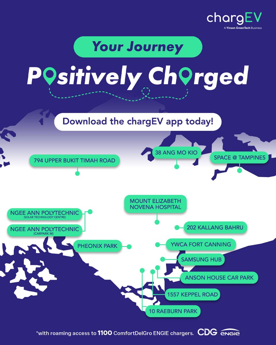 Check out our fastest charger in Singapore at 38 Ang Mo Kio, featuring four charging bays with speeds up to 150kW. Save and screenshot our location pins for your next charging stop!

Download chargEV app today!

#PositivelyCharged