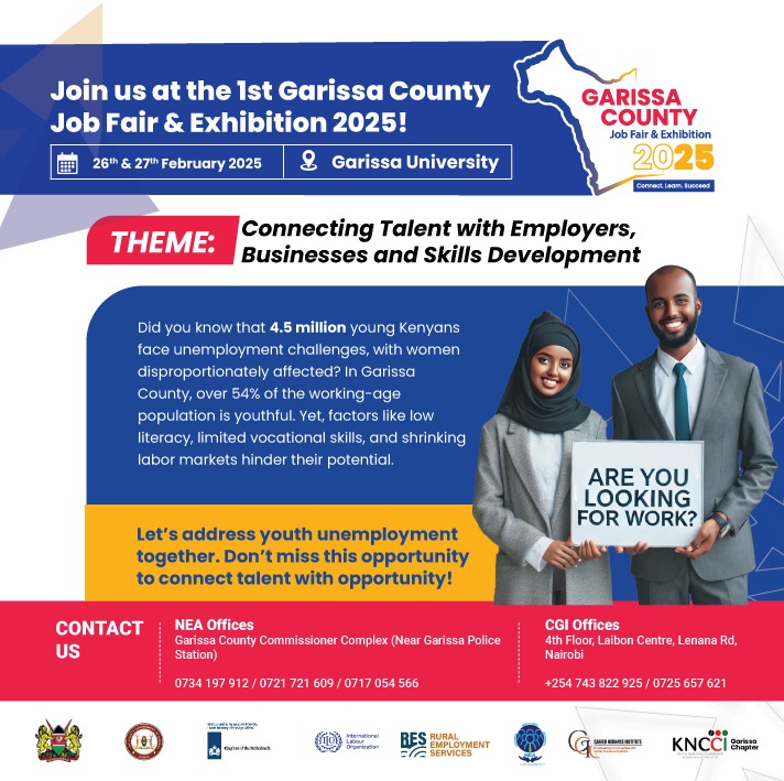 Youth unemployment is a challenge—let’s change that!
Join us at the 1st Garissa County Job Fair &amp; Exhibition 2025
📅 26th &amp; 27th February 2025
📍 Garissa University
Don’t miss this chance to link up with employers, businesses, and skills development!
#GarissaJobFair2025