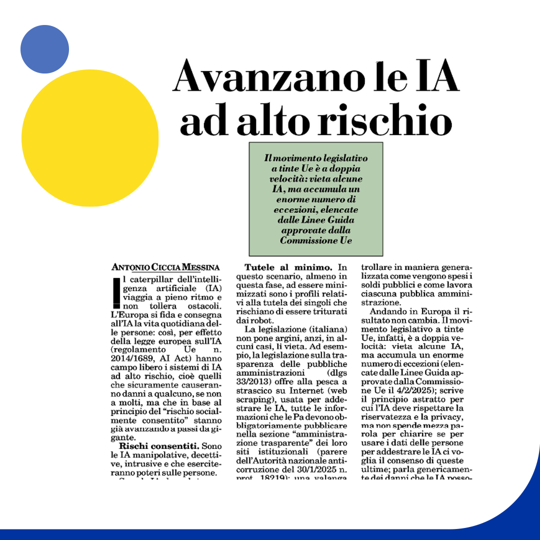 🤖L'Europa si fida e consegna all'IA la vita quotidiana delle persone. 
📰"Avanzano le IA ad alto rischio" su <a href="/ItaliaOggi/">ItaliaOggi</a>  

#intelligenzaartificiale <a href="/AI_x_IA/">AIxIA</a> <a href="/ConfindustriaEU/">ConfindustriaEU 🇪🇺🇮🇹</a> <a href="/Osserv_Digital/">Osservatori Digital</a> <a href="/INNOVUPnet/">InnovUp</a> <a href="/digitalepop/">digitalepopolare.it</a> <a href="/anitecassinform/">Anitec-Assinform</a> <a href="/Angi_tech/">ANGI</a> <a href="/InnovateEurope/">Innovatori Europei - European Innovators</a> <a href="/MakerFaireRome/">Maker Faire Rome - The European Edition</a>