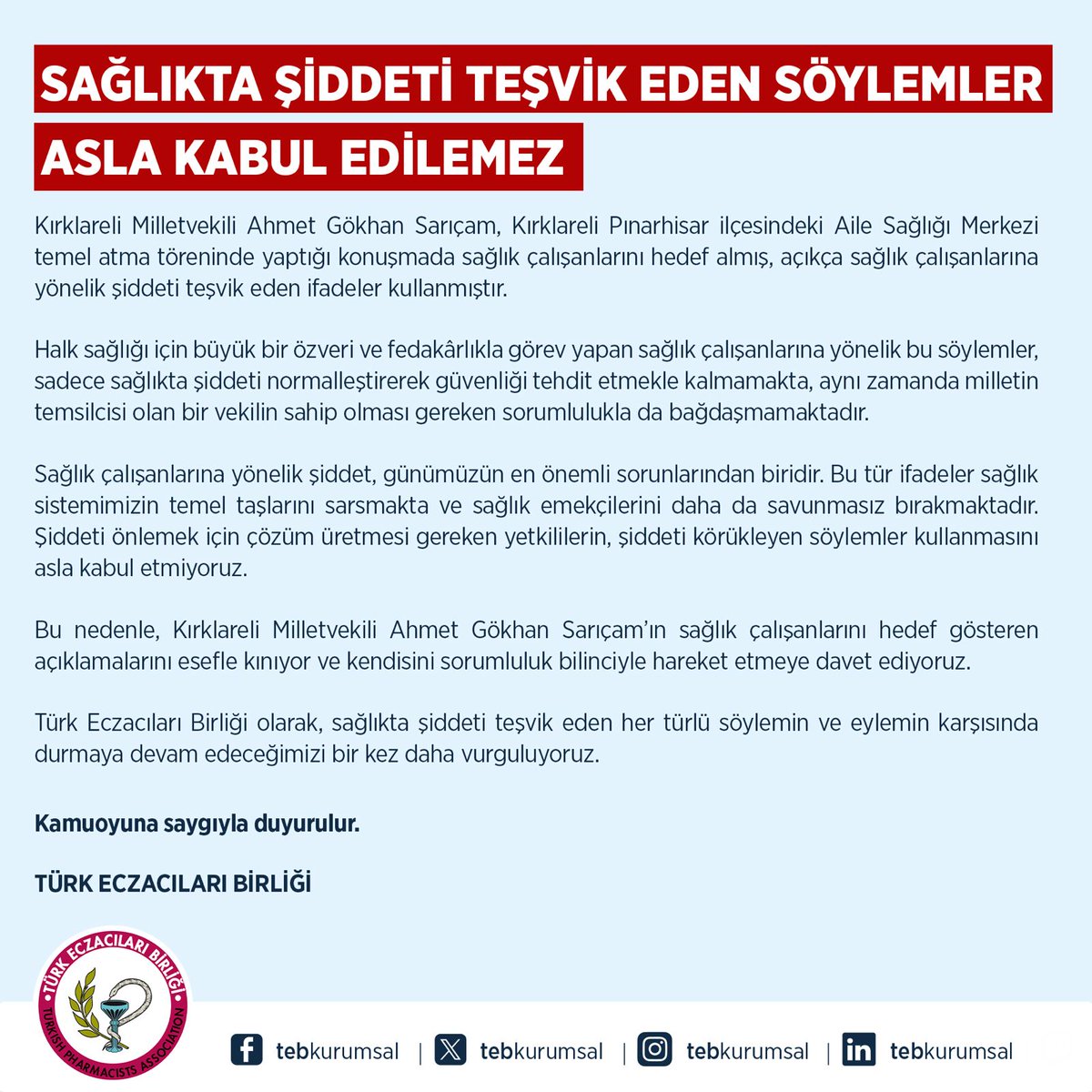 SAĞLIKTA ŞİDDETİ TEŞVİK EDEN SÖYLEMLER ASLA KABUL EDİLEMEZ

Kırklareli Milletvekili Ahmet Gökhan Sarıçam, Kırklareli Pınarhisar ilçesindeki Aile Sağlığı Merkezi temel atma töreninde yaptığı konuşmada sağlık çalışanlarını hedef almış, açıkça sağlık çalışanlarına yönelik şiddeti