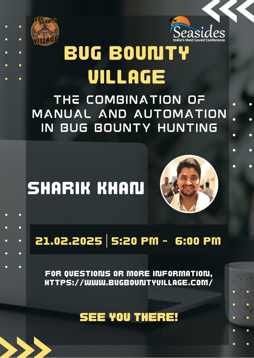 Bug Bounty Village (@bugbountyvillag) on Twitter photo 🤖🧠 Manual meets machine in the ultimate bug-hunting showdown!
Join <a href="/4non_Hunter/">Sharik Khan</a> at #BugBountyVillage2025 for:
"The combination of Manual and Automation in Bug Bounty Hunting" 🕷️💻
🗓️ 21st Feb 2025
⏰ 5:20PM - 6PM
📍 International Centre Goa - Seasides Conference 🤖🧠 Manual meets machine in the ultimate bug-hunting showdown!
Join <a href="/4non_Hunter/">Sharik Khan</a> at #BugBountyVillage2025 for:
"The combination of Manual and Automation in Bug Bounty Hunting" 🕷️💻
🗓️ 21st Feb 2025
⏰ 5:20PM - 6PM
📍 International Centre Goa - Seasides Conference