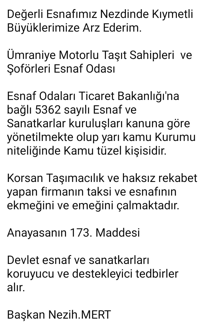Değerli Esnafımız Nezdinde Kıymetli Büyüklerimize Arz Ederim.