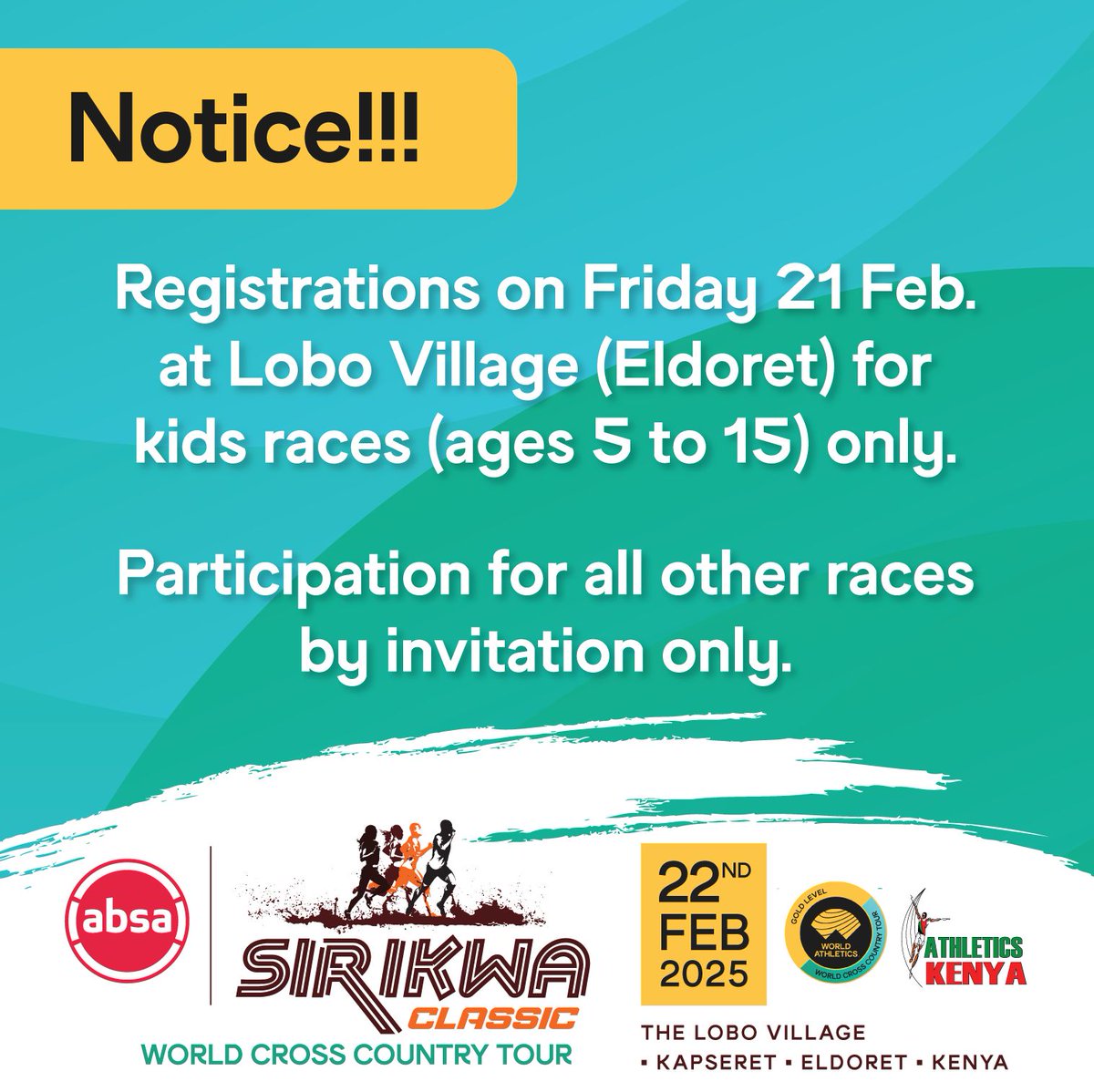 Registration Alert!
Kids (5-15 years): Registration on 21st Feb, 8 AM - 4 PM at Lobo Village.
Elite &amp; U20 Athletes: Registration by invite only.
Get ready for an exciting race at the Absa Sirikwa Classic World Cross Country Tour!
#AbsaSirikwaClassic #Athletics #Sirikwa2025