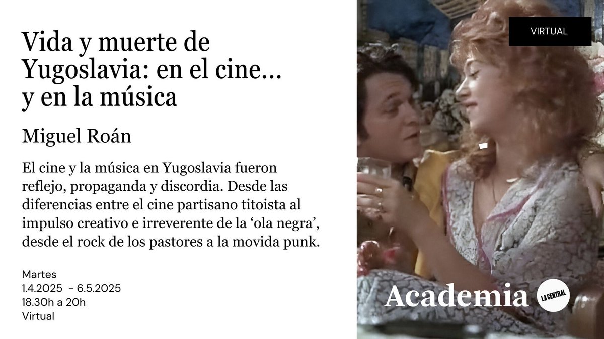 Miguel Roán (@miguelroan1) on Twitter photo A partir del 1 de abril comienzo este curso virtual en <a href="/La_Central_/">La Central</a> sobre cómo explicar Yugoslavia a través de la música y el cine. Fueron exponente de bonanza y crisis, de diferentes fases políticas, económicas y culturales.
Gracias por compartir!
👉 academialacentral.com/evento/191619-… A partir del 1 de abril comienzo este curso virtual en <a href="/La_Central_/">La Central</a> sobre cómo explicar Yugoslavia a través de la música y el cine. Fueron exponente de bonanza y crisis, de diferentes fases políticas, económicas y culturales.
Gracias por compartir!
👉 academialacentral.com/evento/191619-…