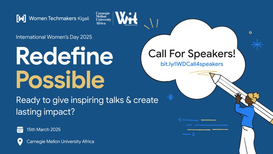 We’re calling for visionary speakers to share their stories at #IWD2025 hosted by <a href="/cmu_africa/">Carnegie Mellon University Africa</a>
Only 5 Days left to Apply! .Call closes on 21 Feb 2025 at 11:59PM CAT. Follow this link to Apply bit.ly/IWDCall4speake…
#RedefinePossible