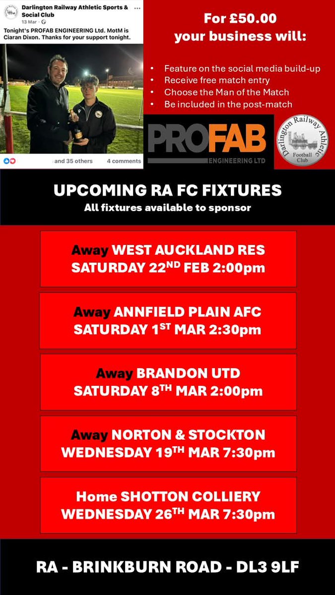 Upcoming RA FC Fixtures - ## Sponsor Slot available for SHOTTON COLLIERY midweek game ## 
Contact Scott Craggs
