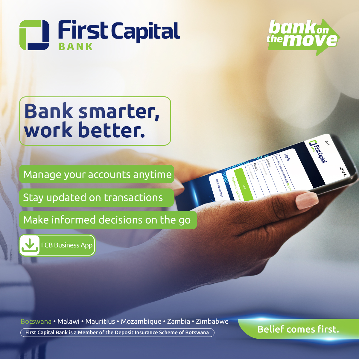FirstCapital_Bw's tweet image. Experience hassle-free banking with our digital channels! Skip the queues and take control of your finances anytime, anywhere!

#LoveConvenience #BankOnTheMove #BeliefComesFirst #FirstCapitalBank