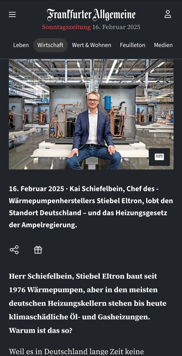 Stefan Krauter (@solarpapst) on Twitter photo Von wegen Wirtschaftszerstörer, eher das Gegenteil: Industrie-CEO lobt Habeck, noch dazu in der konservativen Frankfurter Allgemeinen Zeitung. 
Kai Schiefelbein, Chef des Wärmepumpenherstellers @stiebeleltron.de, lobt den Standort Deutschland – und das Heizungsgesetz der Von wegen Wirtschaftszerstörer, eher das Gegenteil: Industrie-CEO lobt Habeck, noch dazu in der konservativen Frankfurter Allgemeinen Zeitung. 
Kai Schiefelbein, Chef des Wärmepumpenherstellers @stiebeleltron.de, lobt den Standort Deutschland – und das Heizungsgesetz der