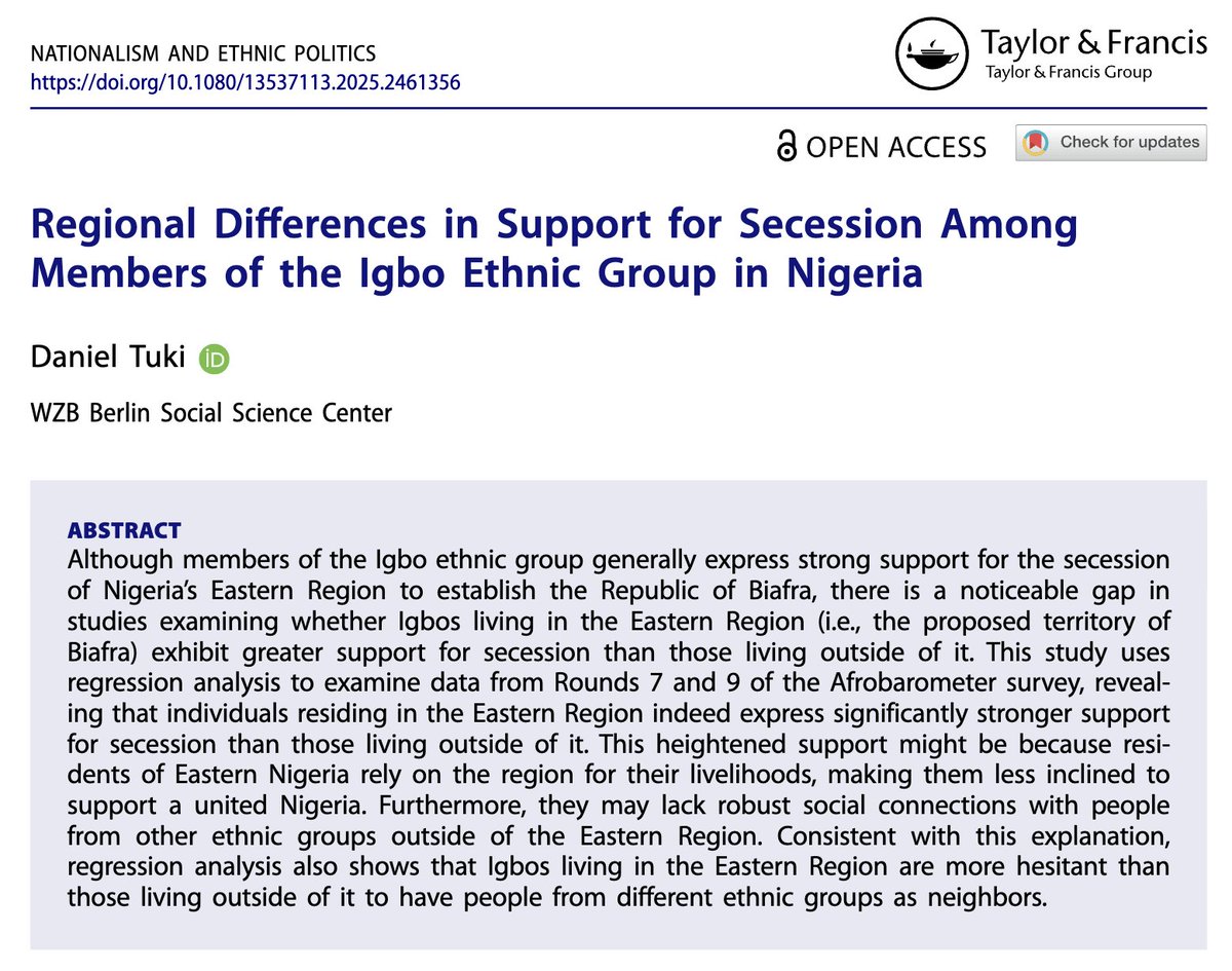 New publication (OA): Are members of the Igbo ethnic group unified in their support for the secession of #Nigeria’s Eastern Region? I discuss this in the article.
doi.org/10.1080/135371…