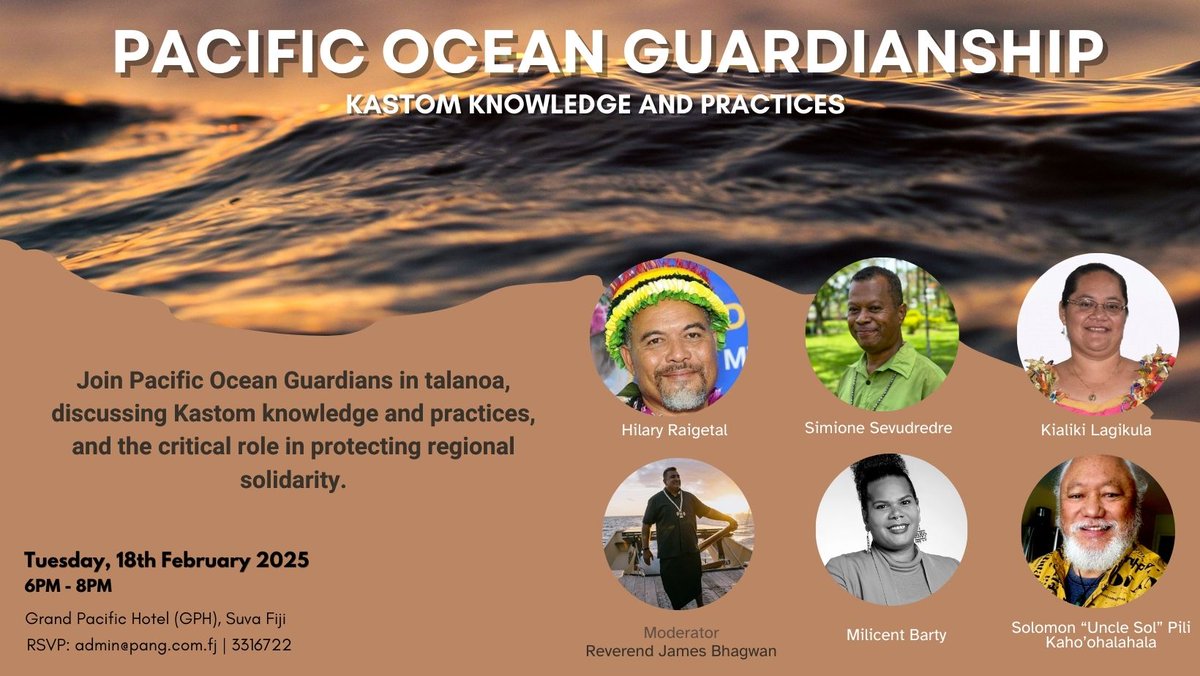 Pacific Blue Line (@pacblueline) on Twitter photo Join us in talanoa as we discuss kastom knowledge and practices of ocean guardianship.
🗓️ 18 February 2025
📍 Grand Pacific Hotel, Suva
⌚️ 6–8PM
RSVP
📧 admin@pang.org.fj
📞 3316722
#PacificDSMTalanoa2025 #DeepSeaMinerals #ProtectOurOceans #OceanGuardianship #DefendTheDeep Join us in talanoa as we discuss kastom knowledge and practices of ocean guardianship.
🗓️ 18 February 2025
📍 Grand Pacific Hotel, Suva
⌚️ 6–8PM
RSVP
📧 admin@pang.org.fj
📞 3316722
#PacificDSMTalanoa2025 #DeepSeaMinerals #ProtectOurOceans #OceanGuardianship #DefendTheDeep