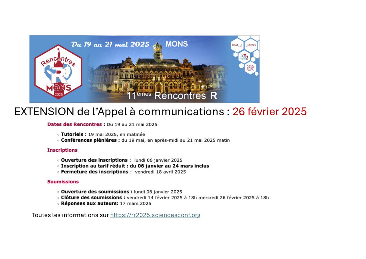 Extension de l'appel à communications pour les Rencontres R 2025 au 26 février à 18h... Merci de partager dans vos réseaux !
Site de la conférence : rr2025.sciencesconf.org
#RStats #RStatsFR #DataScience #RR2024 #RR2025
