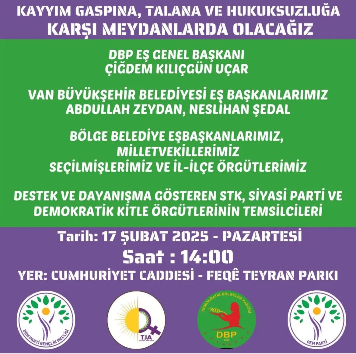 📍Wan 

Hırsız varsa direniş de var! Kentimizi savunmaya devam ediyoruz! Feqê Teyran Parkı’nda buluşuyoruz! Tüm genç yoldaşlarımızı açıklamaya çağırıyoruz! 

🗓️17 Şubat Pazartesi - 14.00
📍Feqê Teyran Parkı