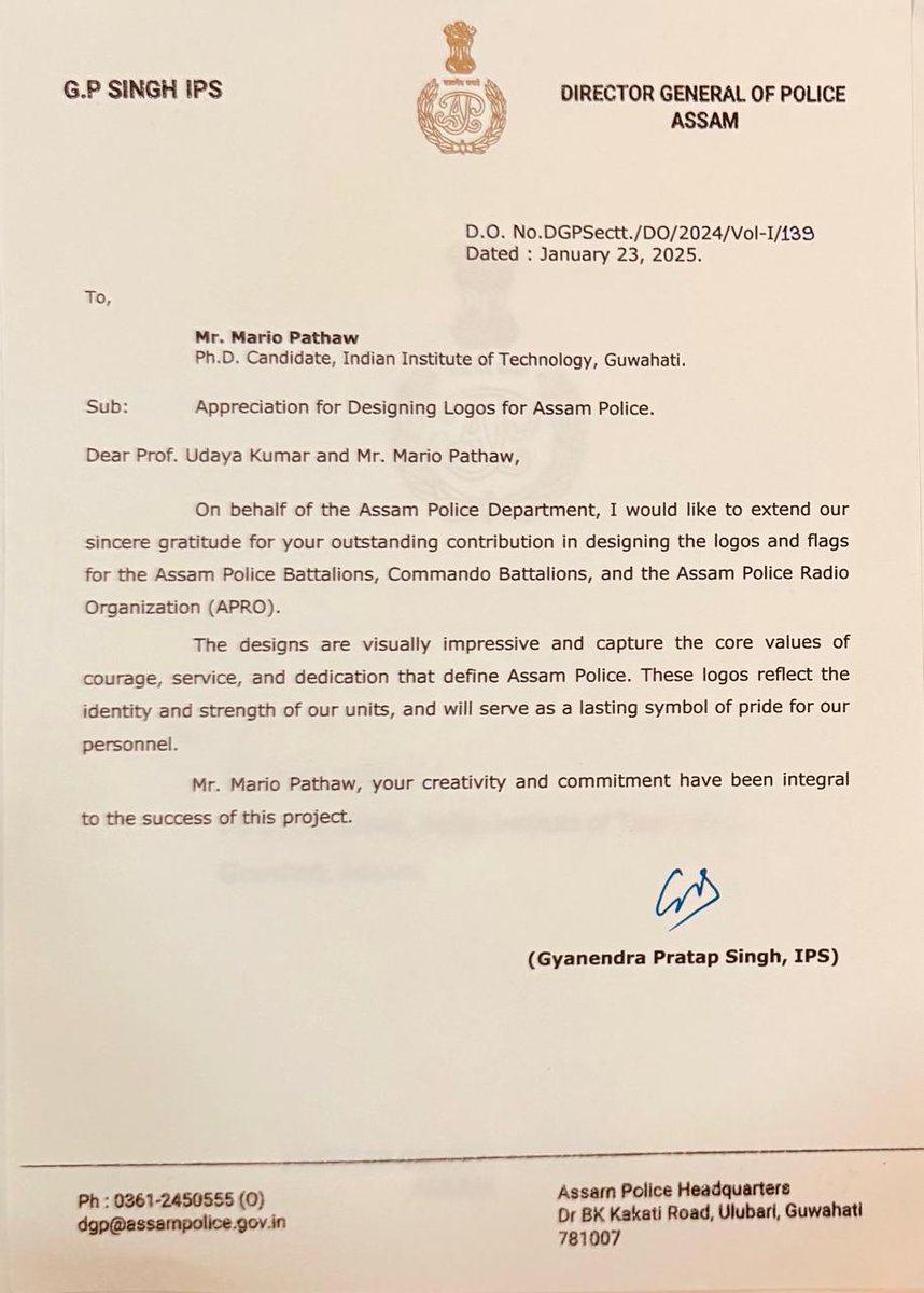 AproHq's tweet photo. Akhilesh Kr Singh,IPS,IGP(C) presented appreciation letters from Shri GP Singh,IPS (Ex-DGP,Assam) to Mr. Mario Pathaw,IITG,for designing logos &amp; flags for Assam Police Bns, Cdo Bns &amp; APRO.Biraj Das,SP(C) was present during the occasion.
@assampolice @HardiSpeaks @akhilesh03ips https://t.co/tja5nDJAXf