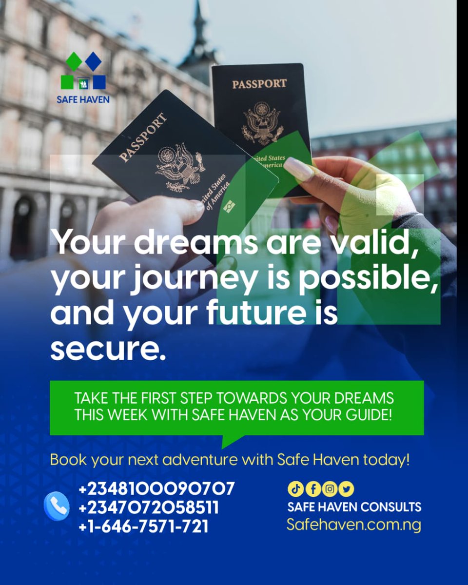 safehaven_consu's tweet photo. Your Dreams Are Valid, Your Journey Is Possible, and Your Future Is Secure! 🌍

Hey there, traveler!  

Ready to turn those travel dreams into reality? Whether you're planning to study, work, or explore new horizons, Safe Haven has got you covered! https://t.co/Oa3rR8RSRm