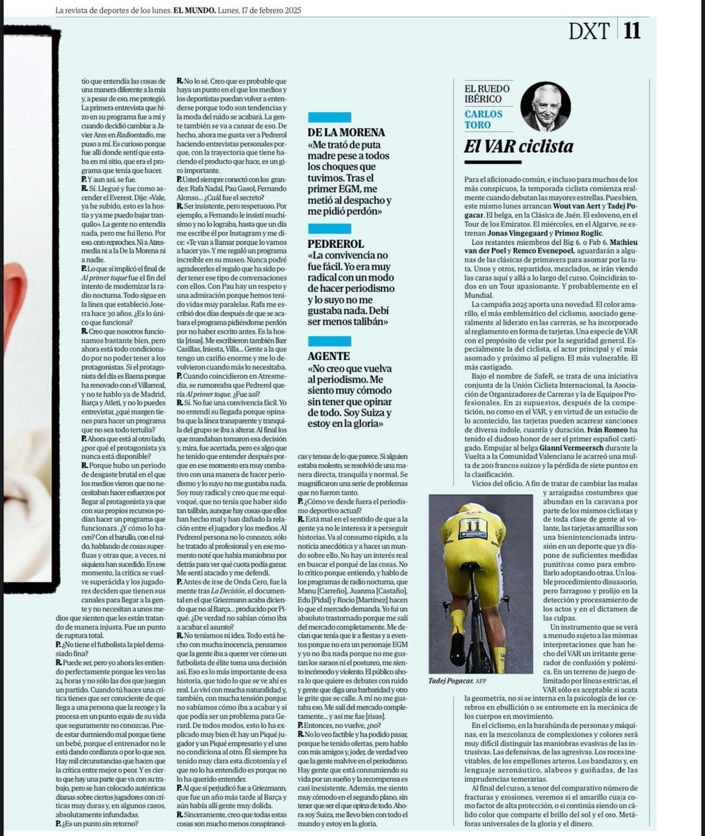 📰🗞️

Gran entrevista de <a href="/InakoDiazGuerra/">Iñako Díaz-Guerra</a> a <a href="/Hectorfernandez/">Héctor Fernández</a>. Sobre el periodismo desde el otro lado.

“Ya sólo interesan el barullo, el ruido y lo superfluo”. 

Es director general de la agencia de Griezmann.

“Fui un absoluto trastornado y me
salí del mercado...y así me fue”.