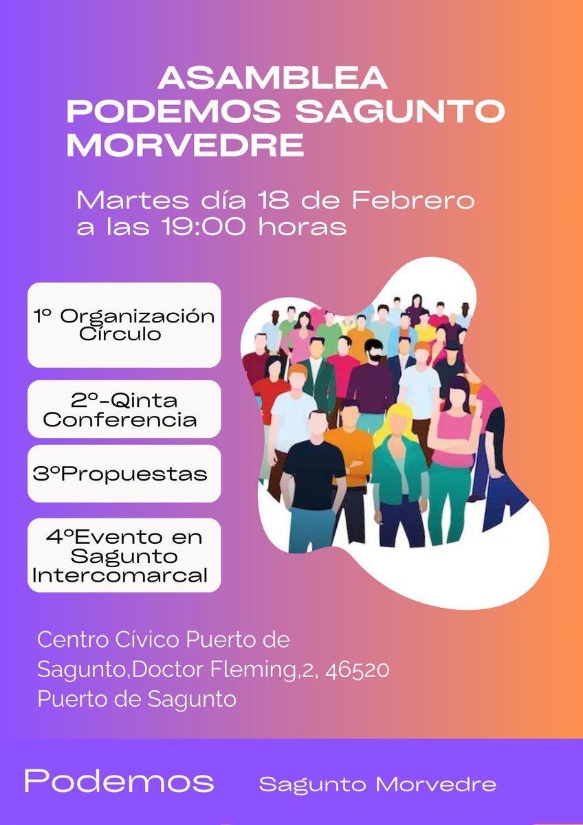 PodemMorvedre's tweet photo. ASAMBLEA DE CIRCULO "PODEM MORVEDRE".
📇 Día 1️⃣8️⃣
🕖 1️⃣9️⃣:0️⃣0️⃣ Horas
🌍 Centro Civico Puerto Sagunto.
👉Orden del día :
📍Organización del Circulo.
📍Quinta Conferencia.
📍Propuestas.
📍Evento de la Intercomarcal en Sagunto.
‼OS ESPERAMOS‼ https://t.co/s0oMn8Tu0r