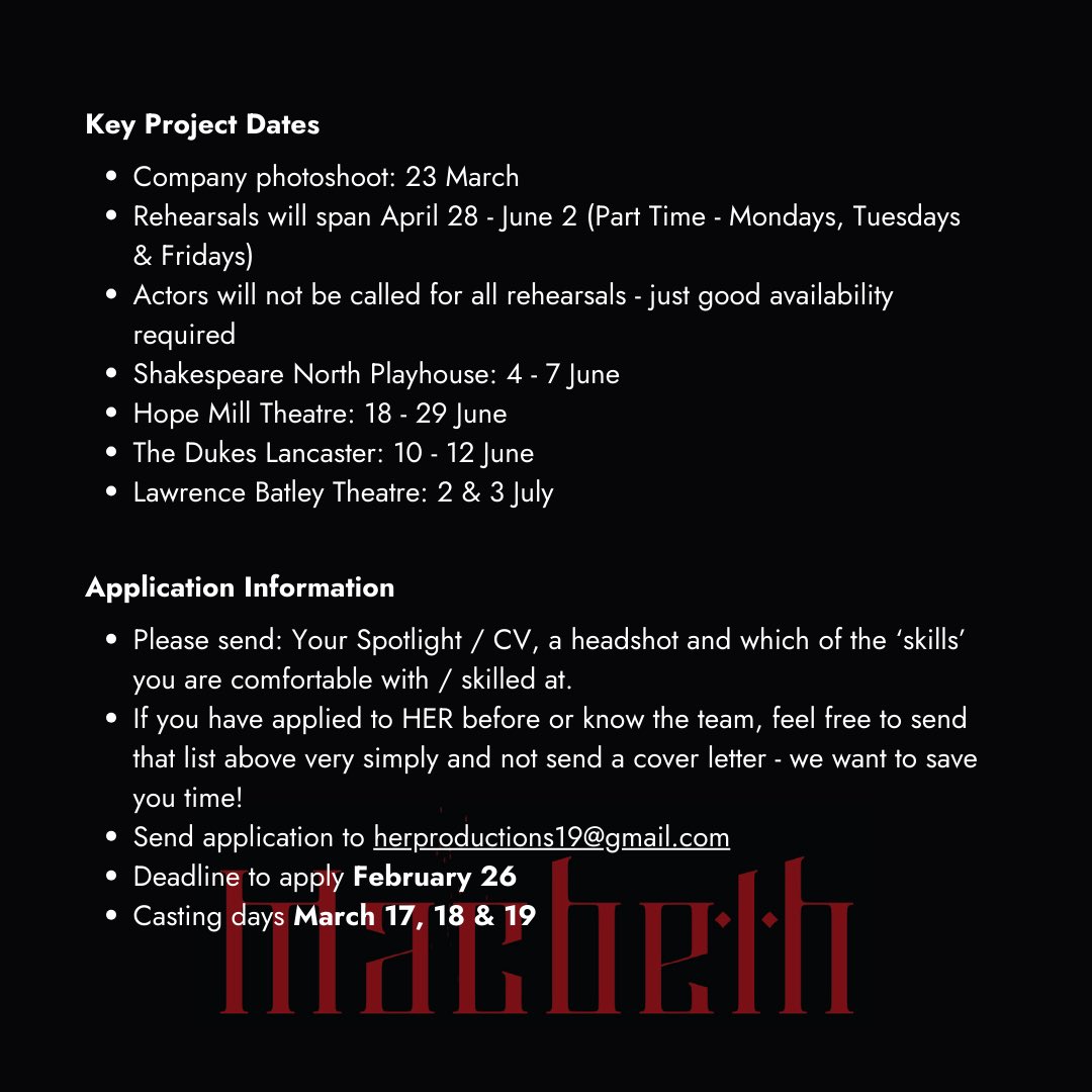 It's that time..... ⏰ 

We are now casting for our annual Unseemly #Shakespeare. 

Please read the casting breakdown carefully and send all applications to herproductions19@gmail.com

Full text available at herproductions.co.uk