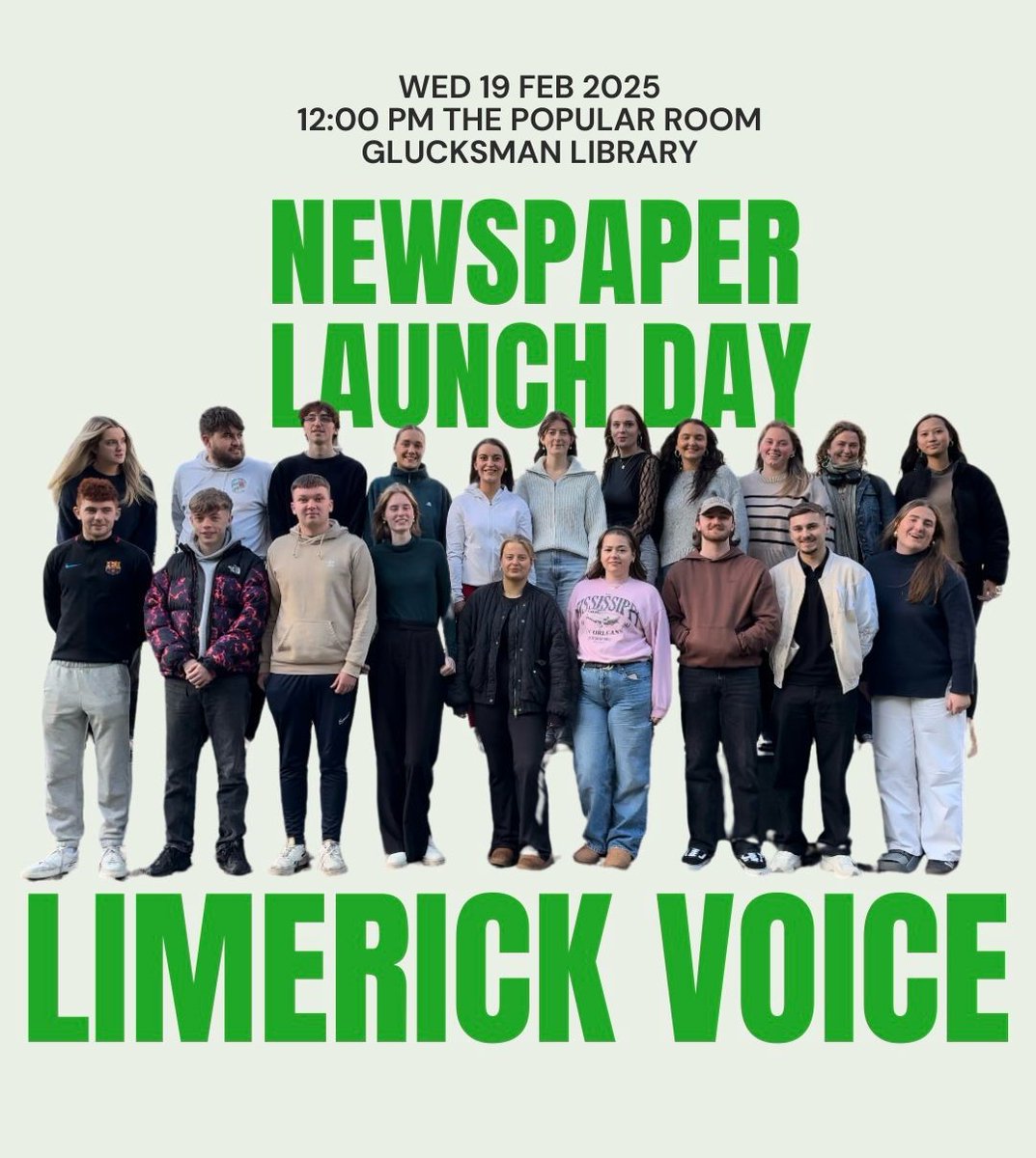 Scoil na Gaeilge, an Bhéarla, & na Cumarsáide (@seic_ul) on Twitter photo Limerick Voice 2025 newspaper launch!📰🟢
Where: Popular Reading Room, Glucksman Library, UL
When: 12pm Wednesday, 19 February 2025
All welcome to attend! 😃
<a href="/journalismatUL/">UL Journalism</a> <a href="/LimerickVoice/">Limerick Voice</a> <a href="/Limerick_Leader/">Limerick Leader / Limerick Live</a> <a href="/ResearchArtsUL/">Faculty of Arts, Humanities & Social Sciences @UL</a> Limerick Voice 2025 newspaper launch!📰🟢
Where: Popular Reading Room, Glucksman Library, UL
When: 12pm Wednesday, 19 February 2025
All welcome to attend! 😃
<a href="/journalismatUL/">UL Journalism</a> <a href="/LimerickVoice/">Limerick Voice</a> <a href="/Limerick_Leader/">Limerick Leader / Limerick Live</a> <a href="/ResearchArtsUL/">Faculty of Arts, Humanities & Social Sciences @UL</a>