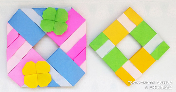 origaminoa's tweet photo. ユニットコースター　川手章子　

A（左）を組み合わせたあと、もうひと折りしてB（右）を作ってみました。AもBも表と裏両面楽しめそうです。飾りにしたり、コースターとしてもよさそうです。好きな花をさしこんでおしゃれをしてあげてください。（作者）

#月刊おりがみ https://t.co/IgEt7guAOe