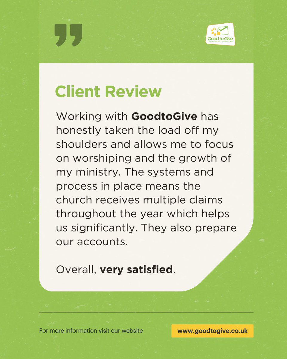 GiftAidUK's tweet photo. We love hearing feedback like this! 

Knowing that our work is making a real difference in your ministry is why we do what we do. Thank you for trusting GoodtoGive to support your churches and charities with seamless processes and multiple claims throughout the year.

#review https://t.co/ORnJlq37ul