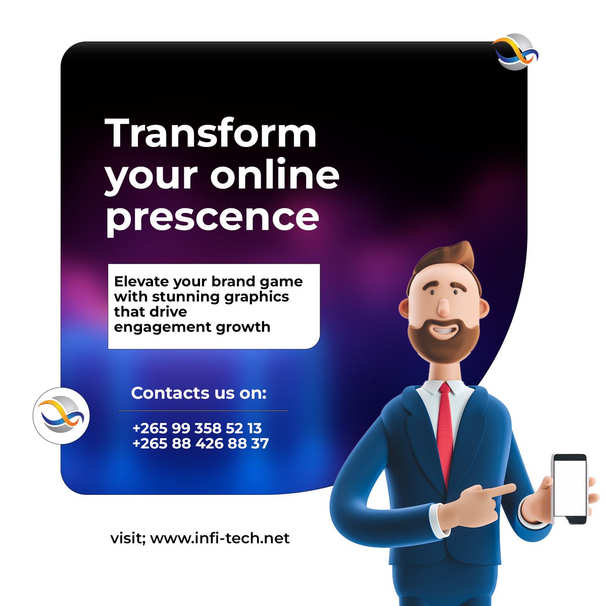 infitechmw's tweet image. 🚀 Transform Your Online Presence with Infi-Tech! 🌟

📞 Contact Us Today:
📲 +265 99 358 52 13 | +265 88 426 88 37
💻 Visit: infi-tech.net

#DigitalBranding #GraphicDesign #InfiTech #BoostYourBrand