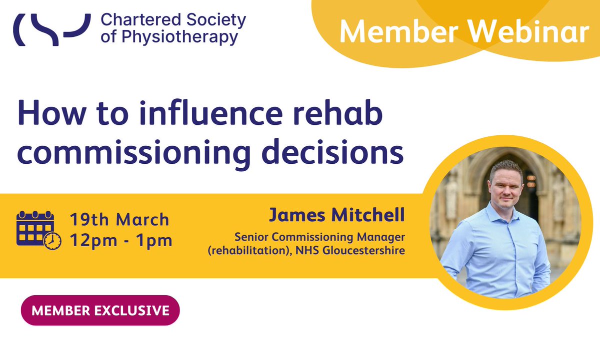 New member webinar: How to influence rehab commissioning decisions

📅19 March, 12pm – 1pm 📅

Join to find out how to engage your NHS commissioner about your rehab pilot or project idea.

Open to CSP members, sign up now: csp.org.uk/news-events/ev…