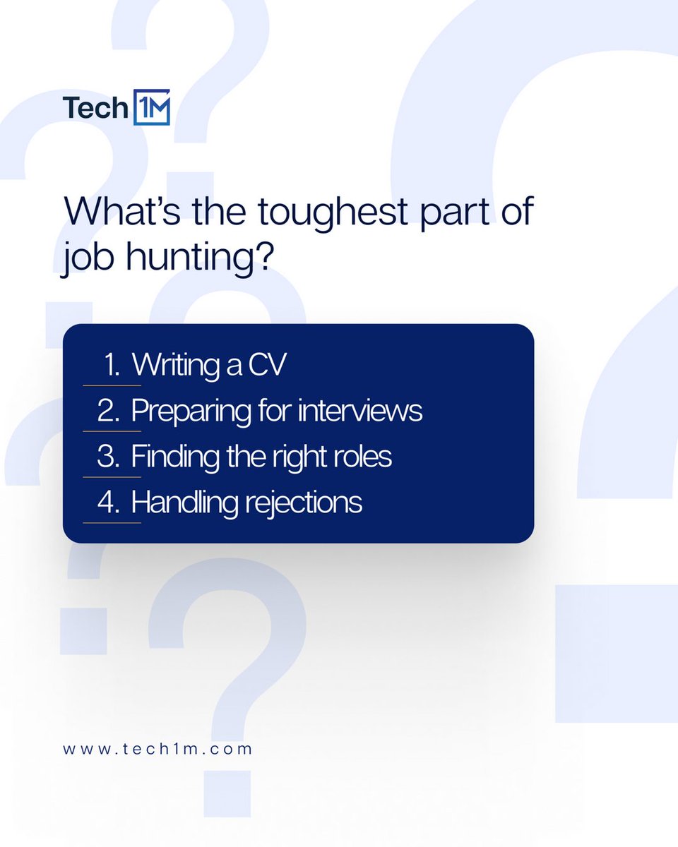 Job hunting isn’t for the weak!  What’s the hardest part for you?

#JobHuntStruggles #CareerTalk #Tech1M