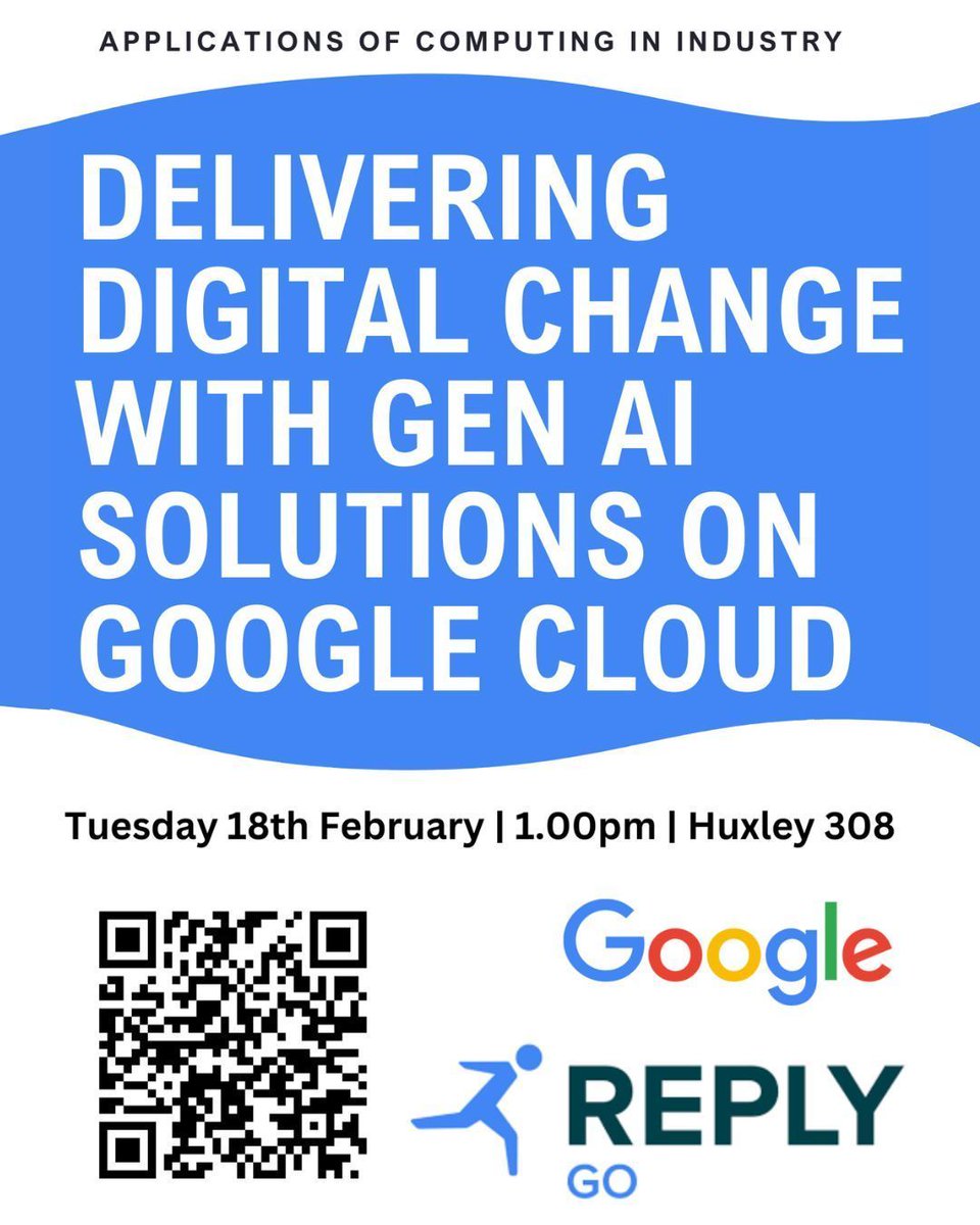imperialcareers's tweet image. 📣 Don&apos;t miss out tomorrow!

Learn about Delivering Digital Change with Gen AI Solutions on Google Cloud and get an insight to computing  in industry!

ℹ️ Scan the QR code for more info

#ComputingCareers #AICareers #CareersEvent