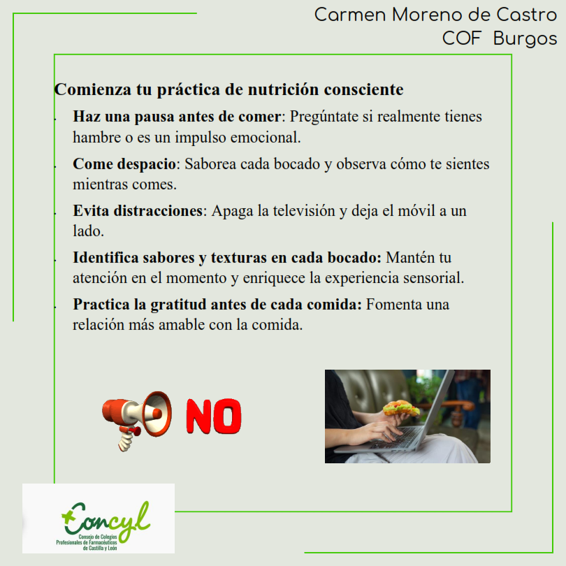 cofBurgos's tweet photo. Nutrición Consciente
(Carmen Moreno de Castro, @cofburgos)
Más que comer, es cómo te alimentas. El 60% de las personas reconocen comer distraídas, lo que contribuye la mala digestión y al sobrepeso.
#cofburgos #concyl #nutriciónconsciente #alimentación https://t.co/rAwurhKA61