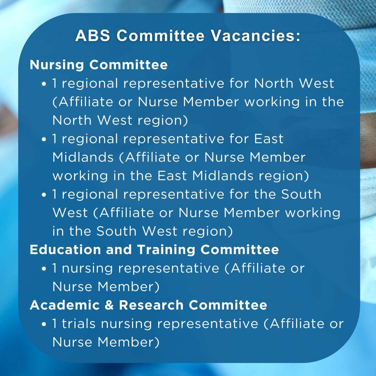 We are seeking expressions of interest for vacancies on the ABS Nursing, Education &amp; Training, and Academic &amp; Research Committees. If you would like to help shape the future of breast care nursing, then submit an application by 10 March. Find out more: buff.ly/3CtoRsv