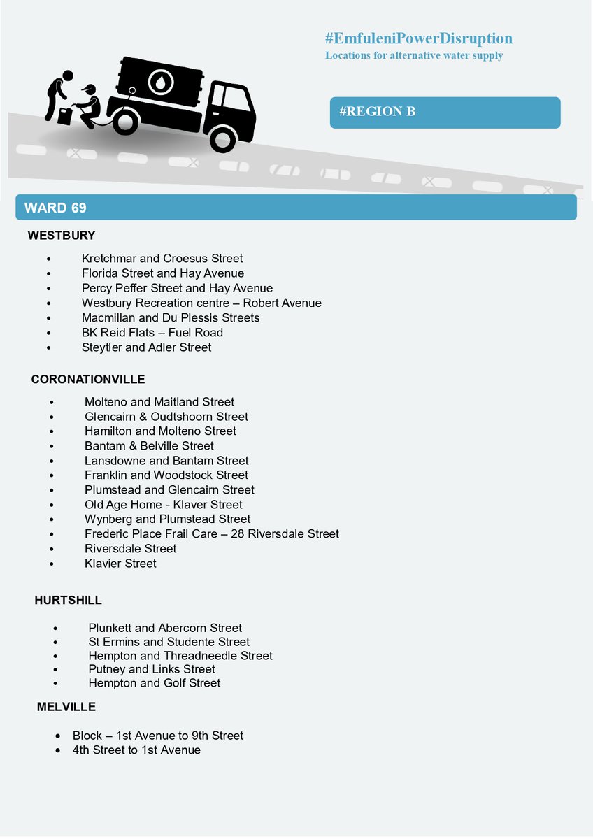 JHBWater's tweet photo. #JoburgUpdates
#EmfuleniPowerDistruption
#LocationOfWaterTankers
#RegionB ^PR https://t.co/YZ0TBaNq9u