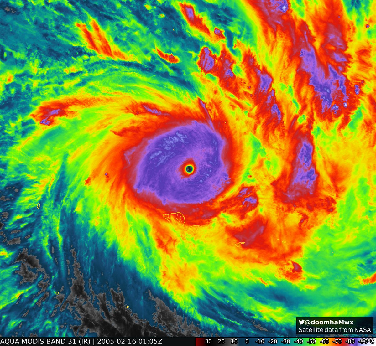20 years ago today, powerful Cyclone #Olaf reached peak intensity north of American Samoa as likely one of the most intense tropical cyclones ever.
