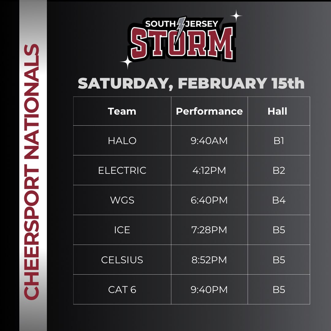 S_JerseyAllDay's tweet photo. CheerSport is here! 🤩 Don’t miss our teams take the floor. See our schedule below! Whether you’re in Atlanta or NJ, let’s show our teams all the love and support! ❤️

#cheersport #atlanta #compseason #cheerlife #allstarcheer #sjsjerseysbest https://t.co/v8jjnB3Pkc