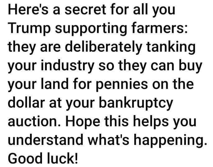 🗣JD Vance owns an app called AcreTrader, which allows wealthy investors, many of whom are foreign, to purchase US farmland. Felon47, JD Vance, and Elon Musk are deliberately trying to tank farmland economies across the country so JD Vance and his billionaire tech buddies can