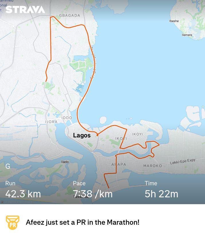 Ola_Afe's tweet image. 5hrs and 22 minutes of pure endurance.

 I almost didn’t want to run again after a major setback some weeks ago and I was even considering a switch to 10K run when I came to pick my bib last week.

Huge thanks to the people of Lagos for cheering us on.